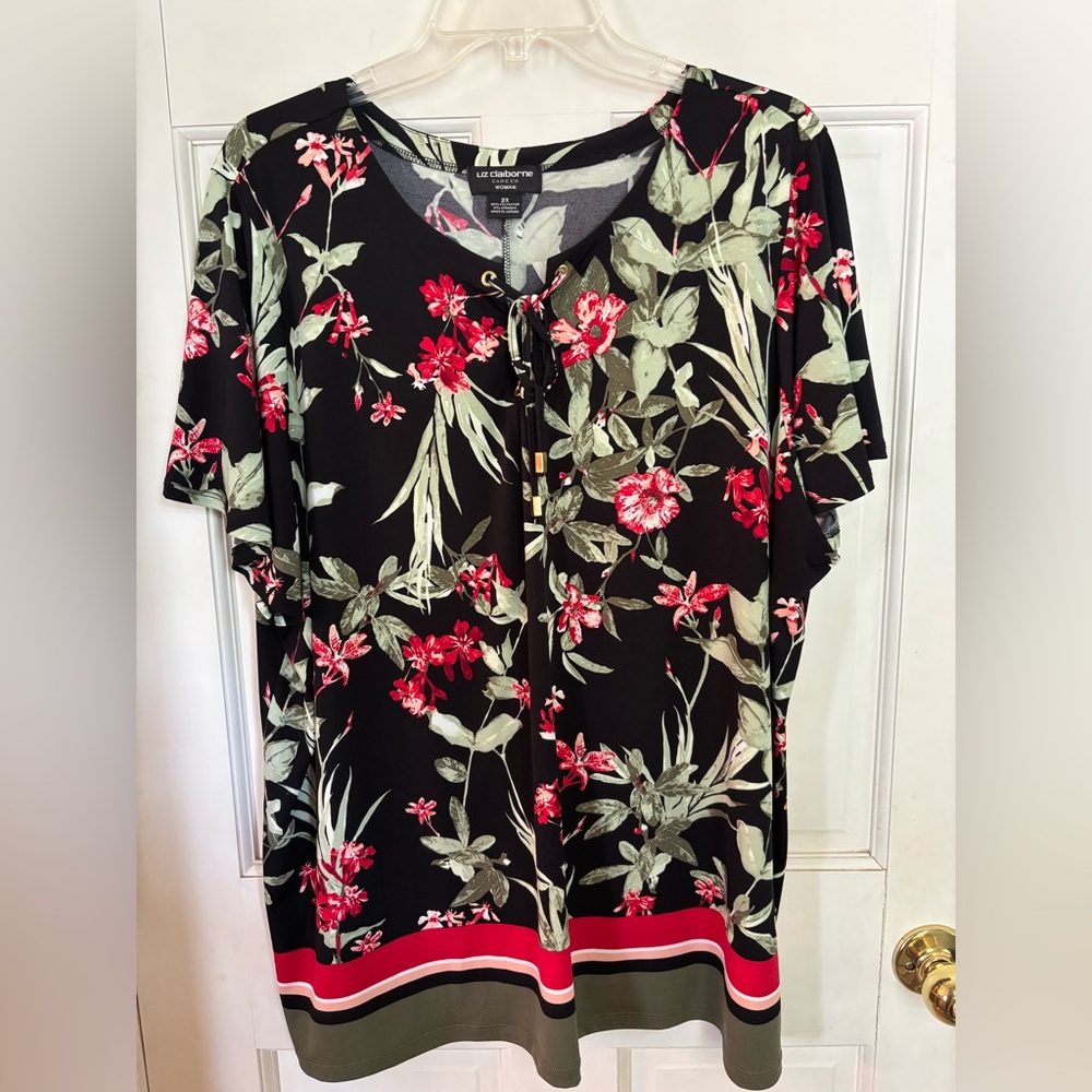 Liz Claiborne Black Floral Blouse with Red and Green, like new